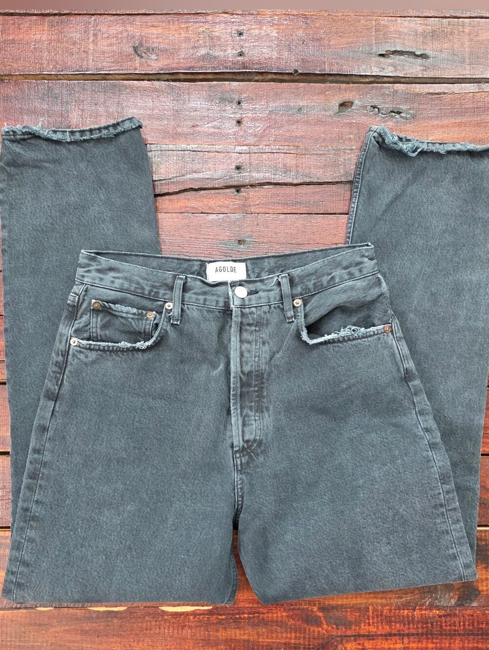 AGOLDE 90S Pinch High Rise Straight Leg Jeans in Black Tea Size 28 $190